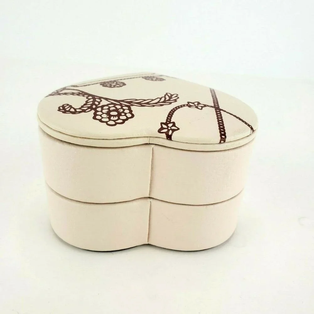 PANDORA HEART SHAPED JEWELRY CHARM TRINKET BOX 2 TIERED SWIVEL GENUINE LEATHER